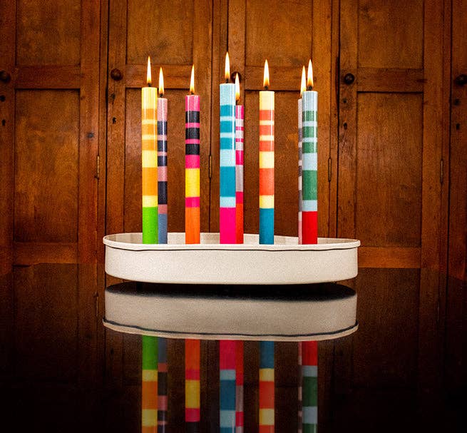 Mixed Set Reds, Oranges & Blues Striped Eco Dinner Candles, (4 pk)